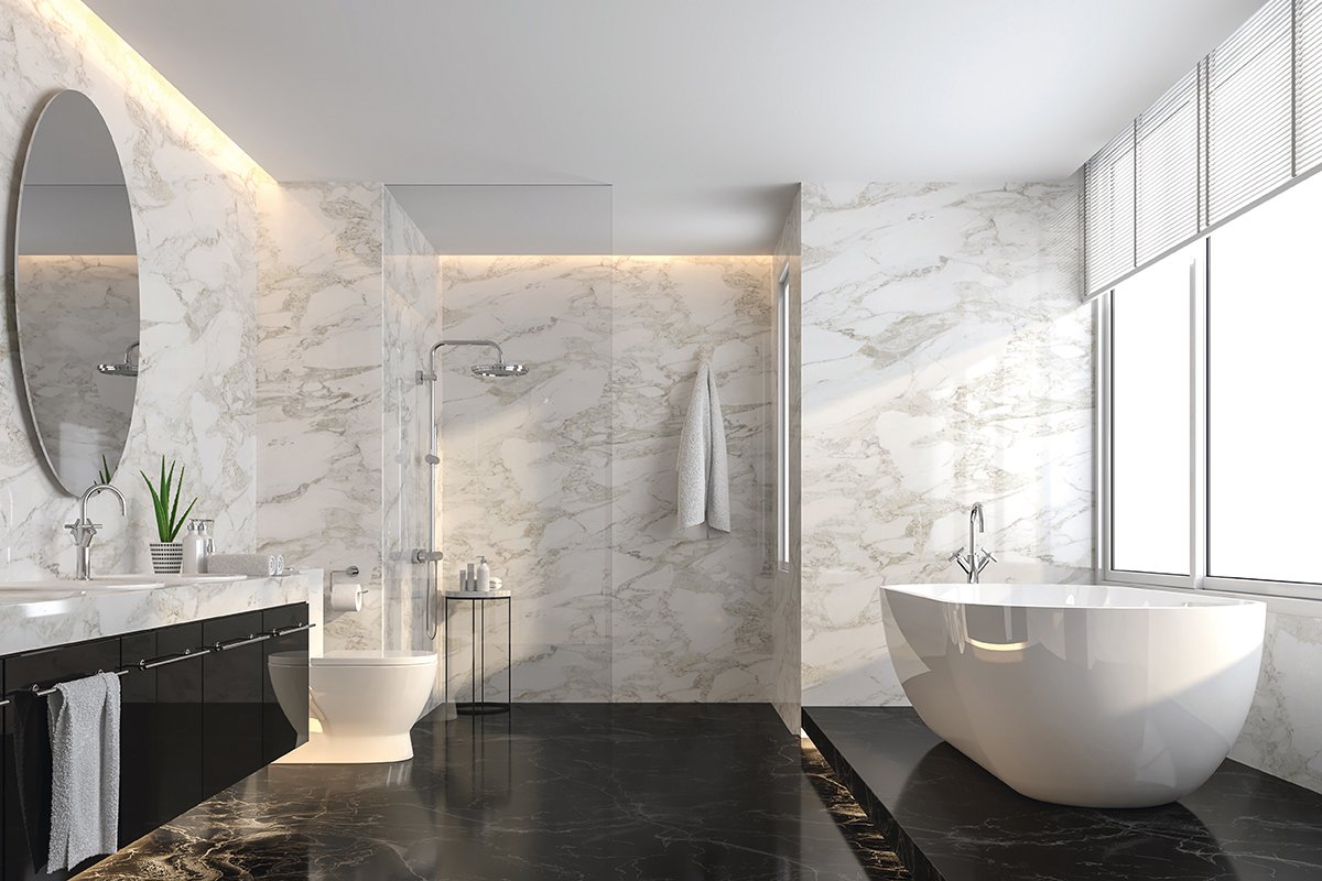 Luxury bathroom with black marble floor and white marble wall 3d
